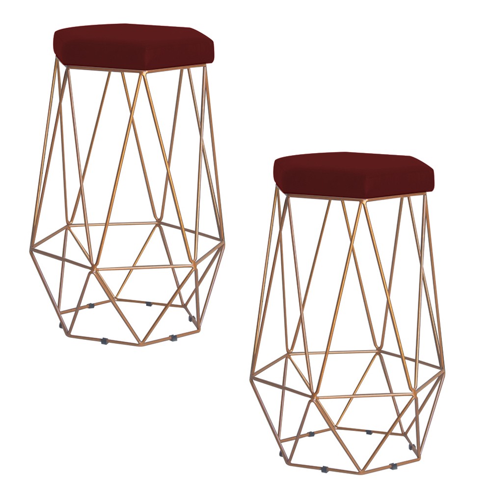 Kit 2 Banqueta Decorativa Rubel Base Gold Suede Bordô G41 - Gran Belo