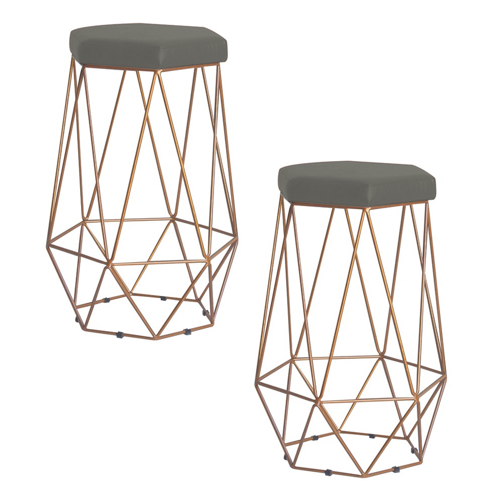 Kit 2 Banqueta Decorativa Rubel Base Gold Suede Cinza - Gran Belo