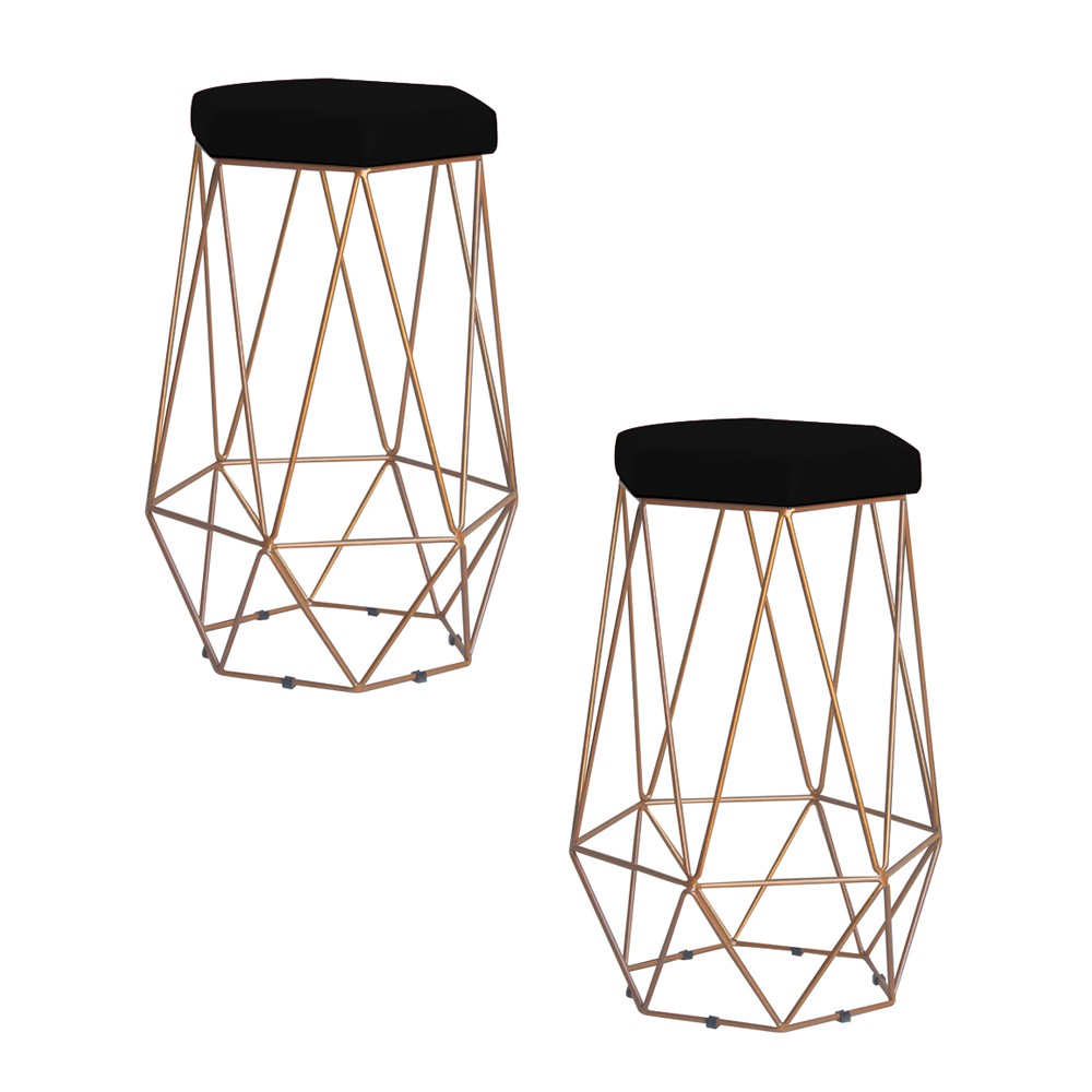 Kit 2 Banqueta Decorativa Rubel Base Gold Suede Preto G41 - Gran Belo