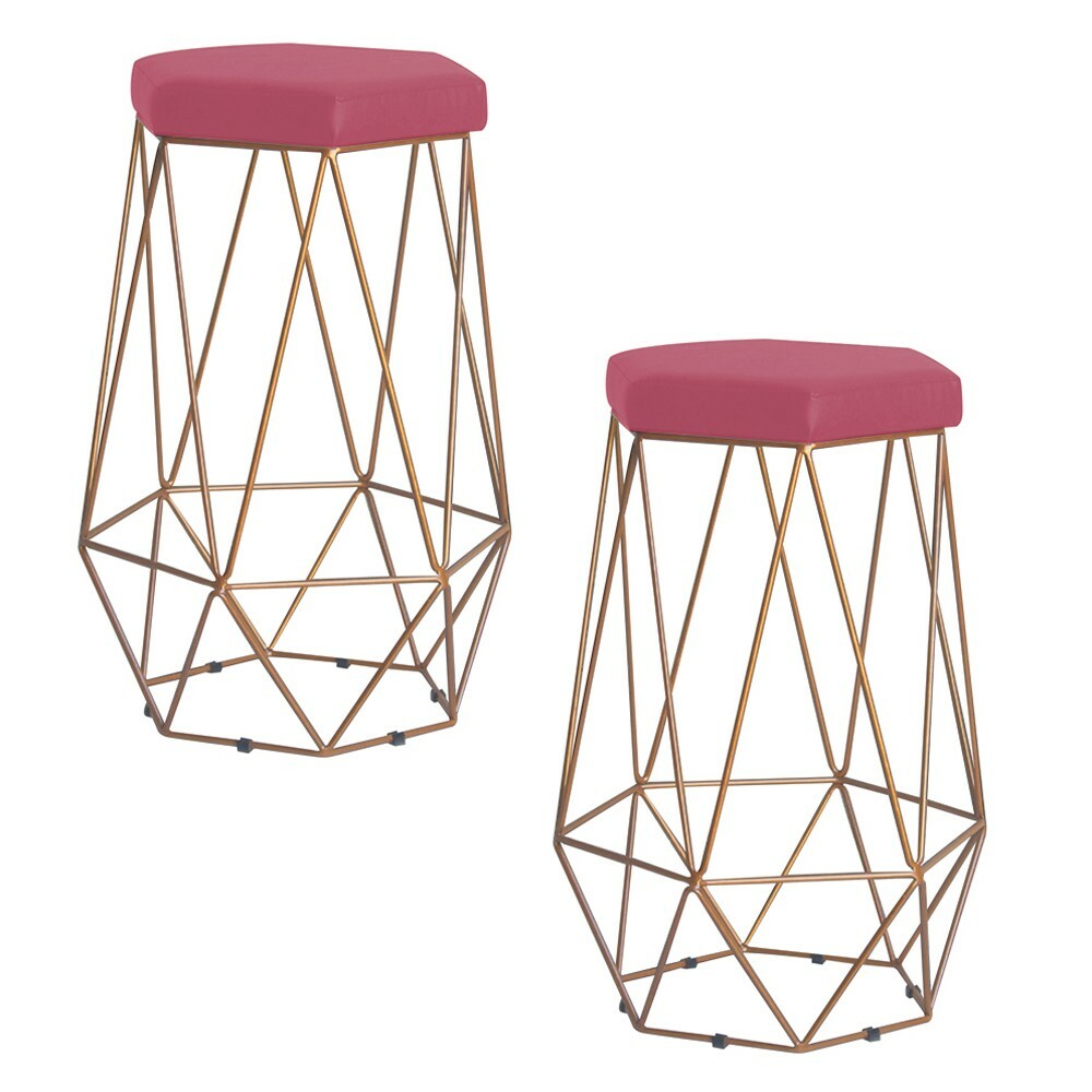Kit 2 Banqueta Decorativa Rubel Base Gold Suede Rosa G41 - Gran Belo