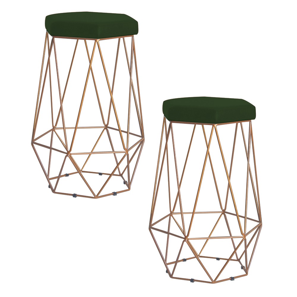Kit 2 Banqueta Decorativa Rubel Base Gold Suede Verde G41 - Gran Belo