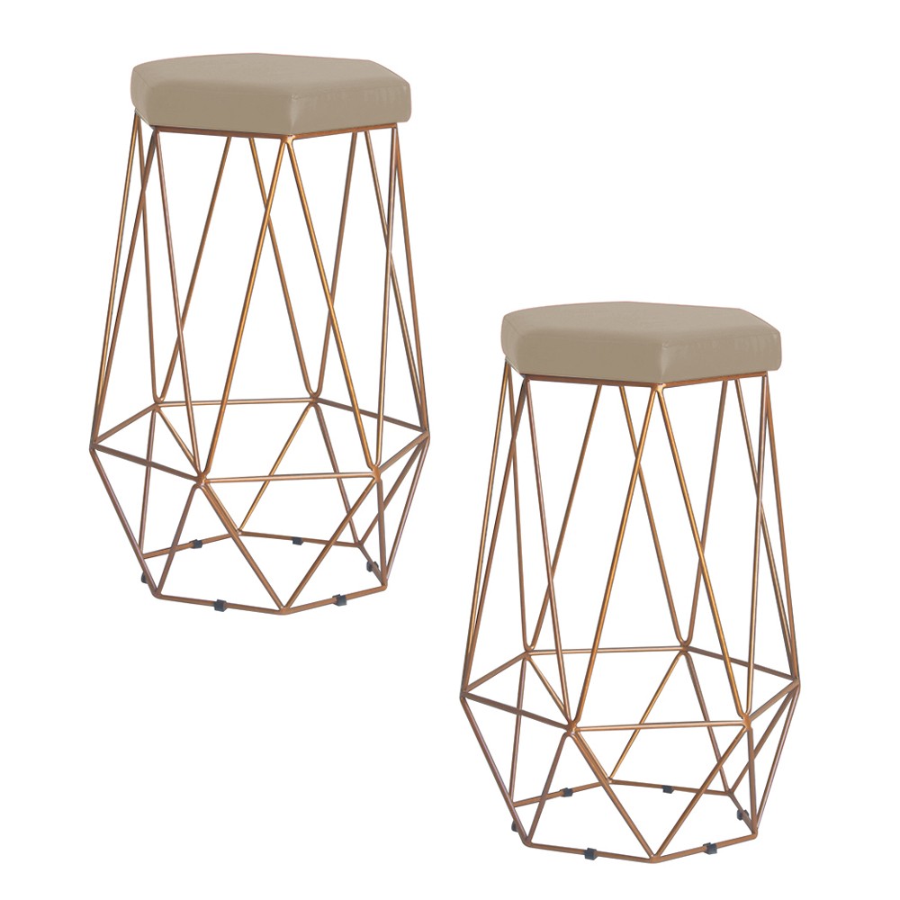 Kit 2 Banqueta Decorativa Rubel Base Gold Veludo Bege G41 - Gran Belo