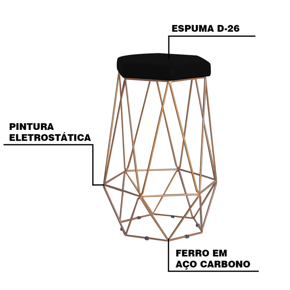 Kit 2 Banqueta Decorativa Rubel Base Gold Veludo Preto G41 - Gran Belo