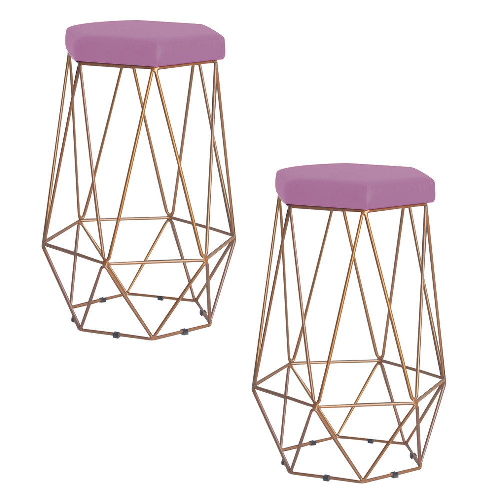 Kit 2 Banqueta Decorativa Rubel Base Gold Veludo Rosê G41 - Gran Belo