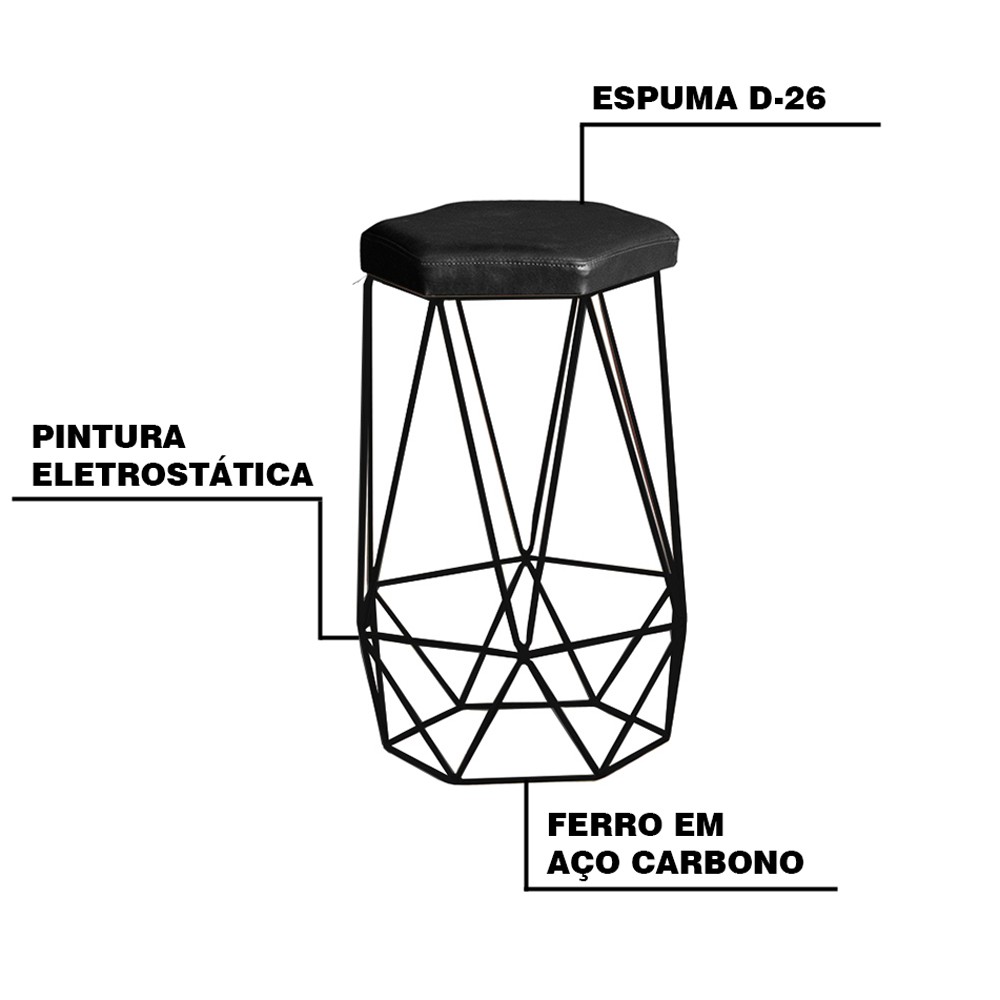 Kit 2 Banqueta Decorativa Rubel Base Preta PU Sintético Preto G41 - Gran Belo