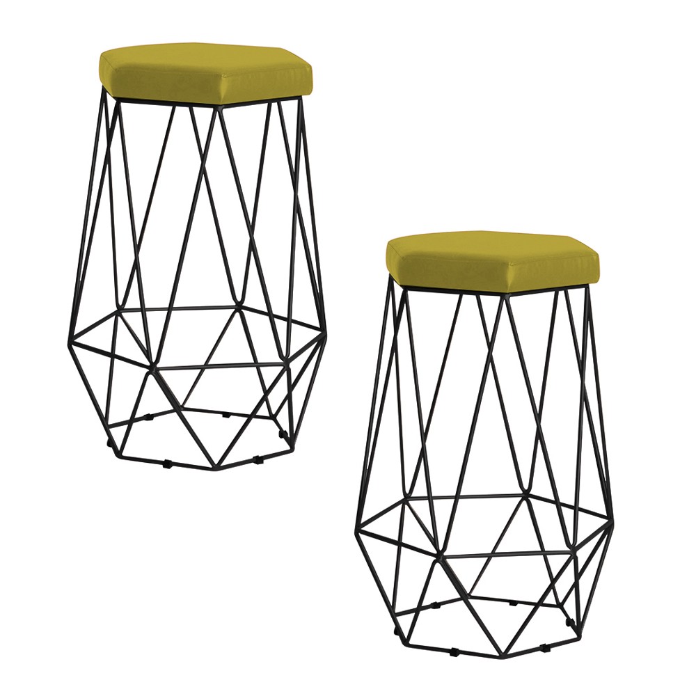 Kit 2 Banqueta Decorativa Rubel Base Preta Suede Amarelo G41 - Gran Belo