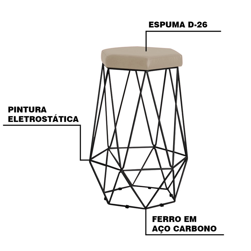 Kit 2 Banqueta Decorativa Rubel Base Preta Suede Bege G41 - Gran Belo