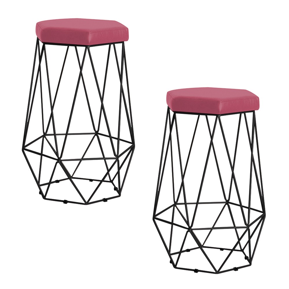 Kit 2 Banqueta Decorativa Rubel Base Preta Suede Rosa G41 - Gran Belo