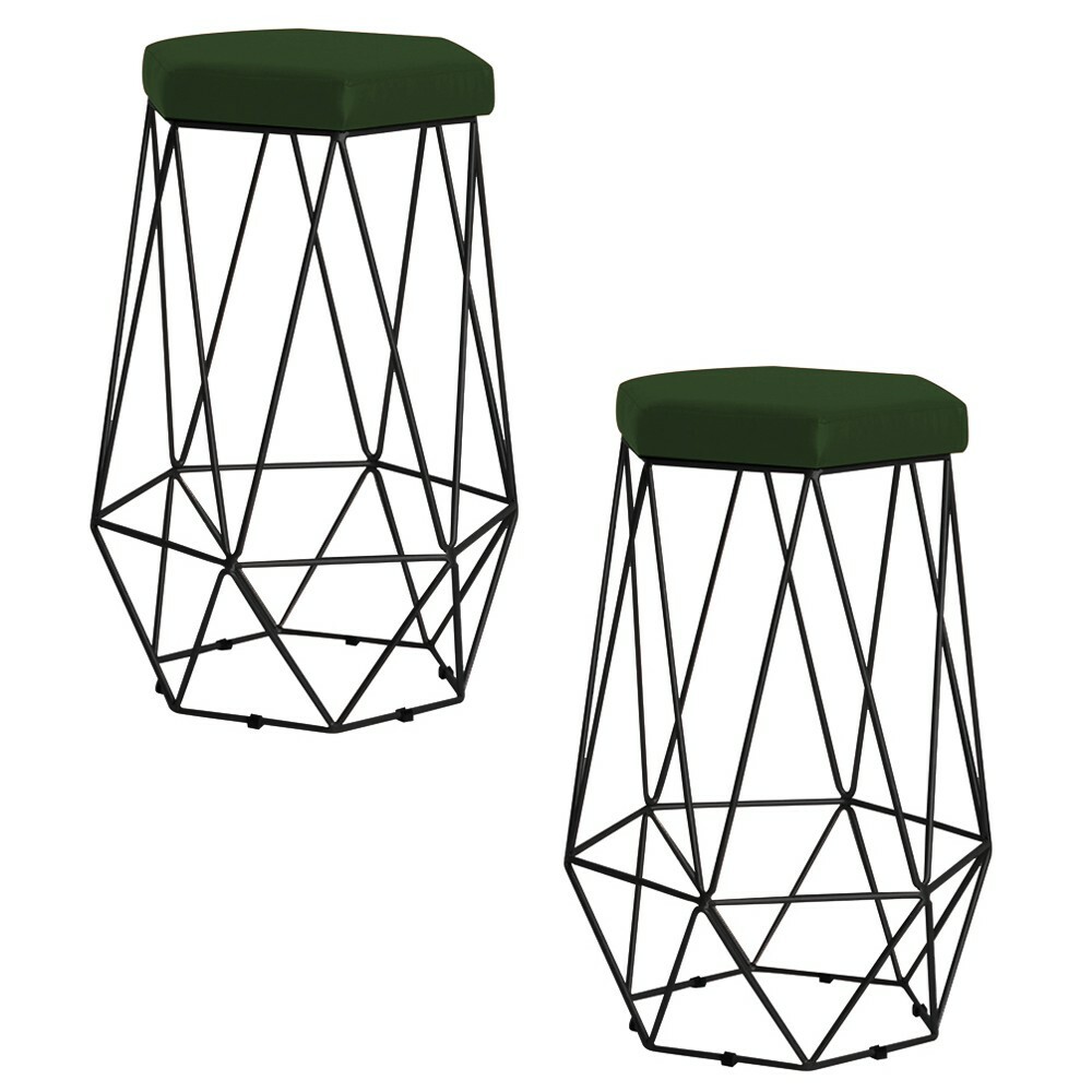 Kit 2 Banqueta Decorativa Rubel Base Preta Suede Verde G41 - Gran Belo