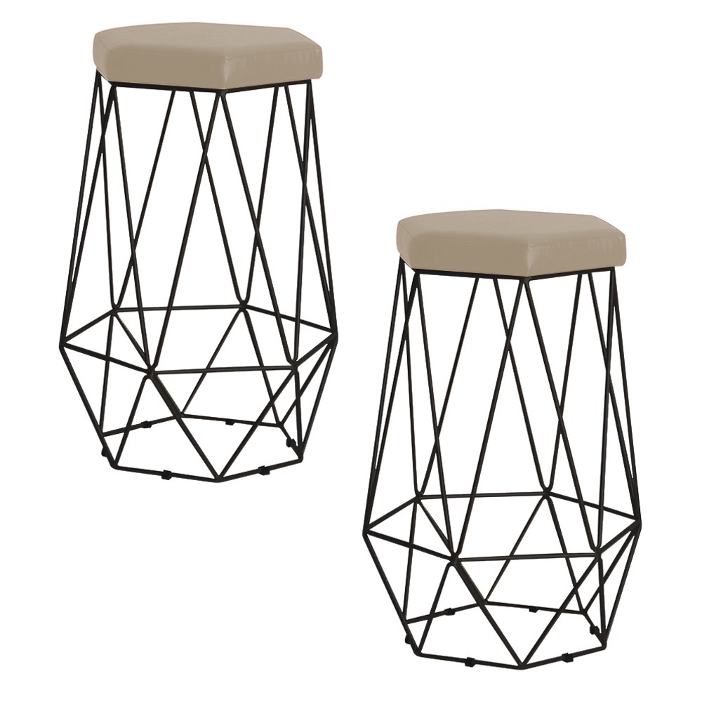 Kit 2 Banqueta Decorativa Rubel Base Preta Veludo Bege G41 - Gran Belo