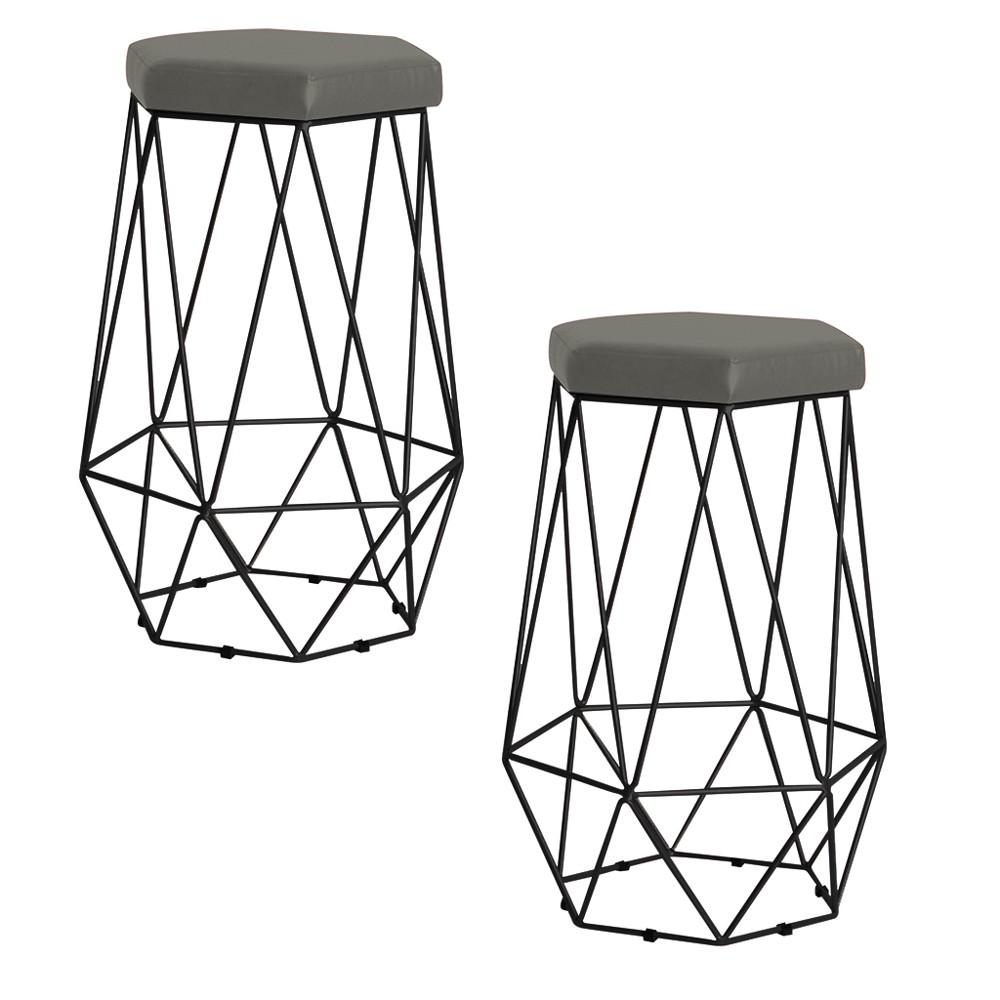 Kit 2 Banqueta Decorativa Rubel Base Preta Veludo Cinza G41 - Gran Belo