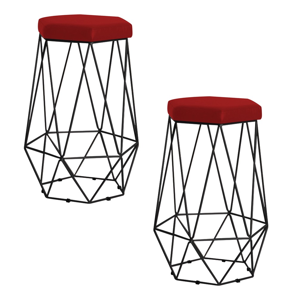 Kit 2 Banqueta Decorativa Rubel Base Preta Veludo Vermelho G41 - Gran Belo