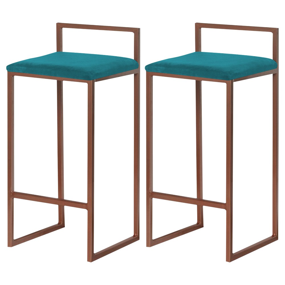 Kit 2 Banqueta Decorativa Selena Base Bronze Suede Azul Claro G41 - Gran Belo
