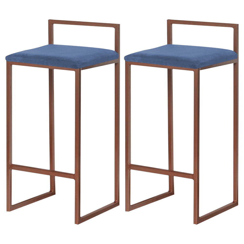 Kit 2 Banqueta Decorativa Selena Base Bronze Suede Azul Marinho G41 - Gran Belo