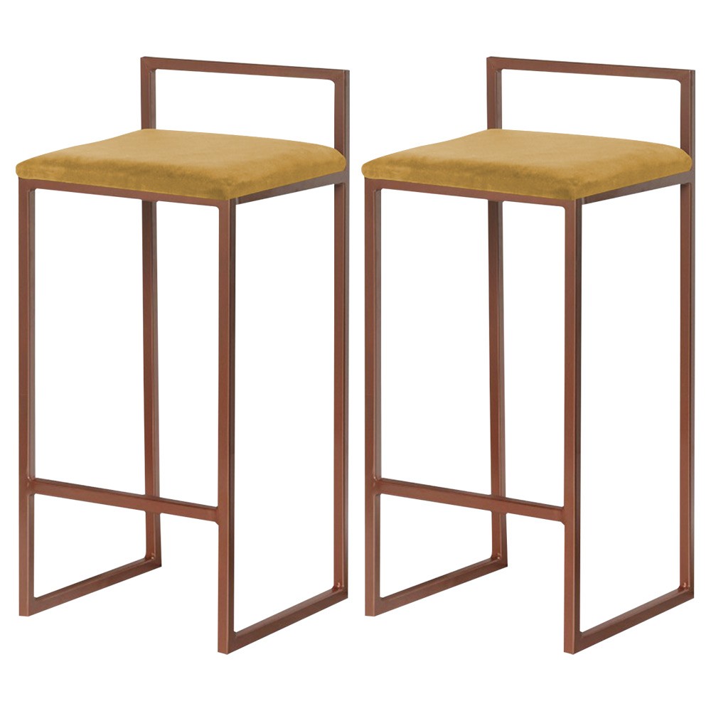 Kit 2 Banqueta Decorativa Selena Base Bronze Suede Mostarda G41 - Gran Belo