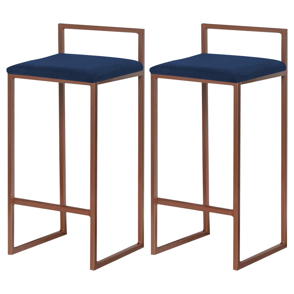 Kit 2 Banqueta Decorativa Selena Base Bronze Veludo Azul - Gran Belo