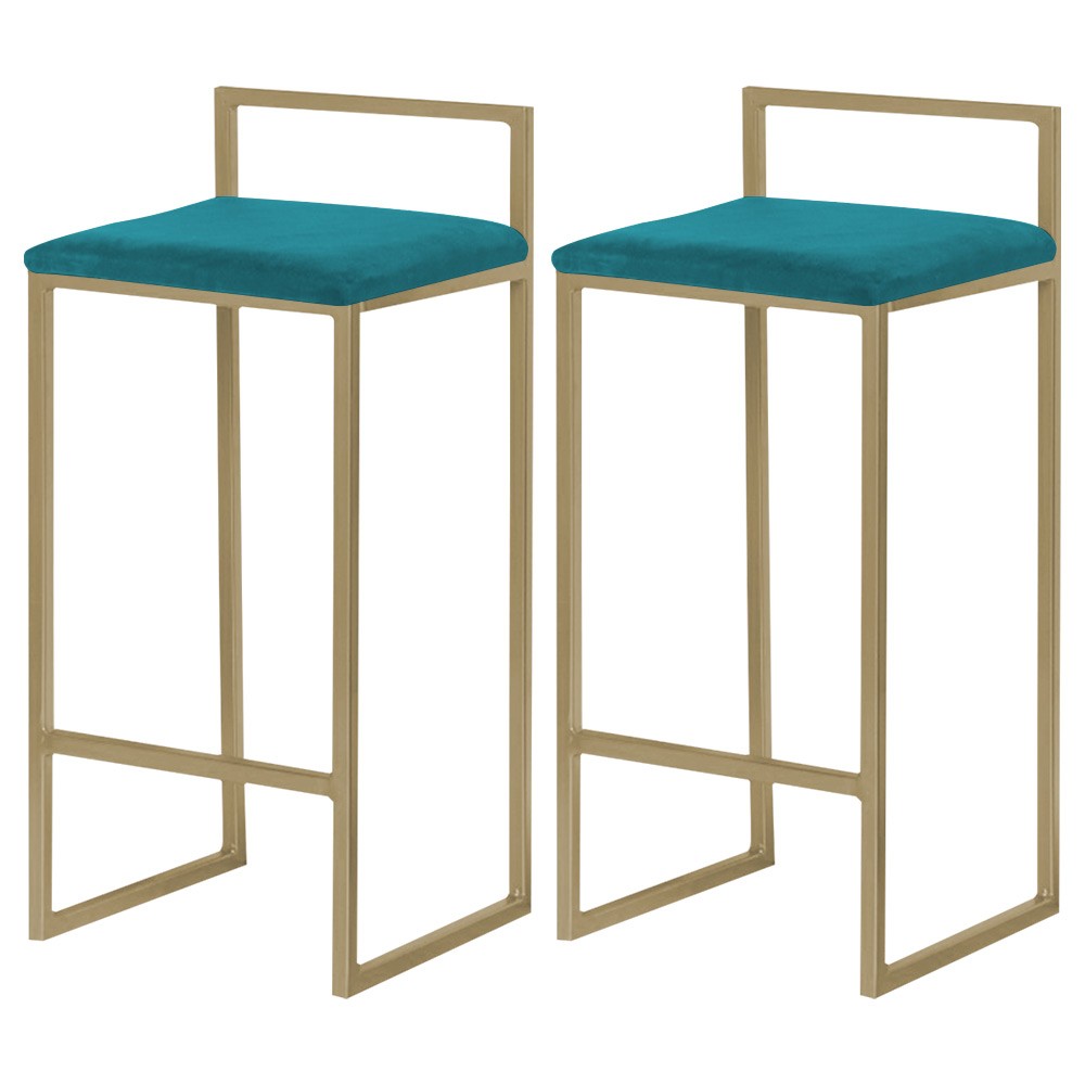Kit 2 Banqueta Decorativa Selena Base Gold Suede Azul Claro G41 - Gran Belo