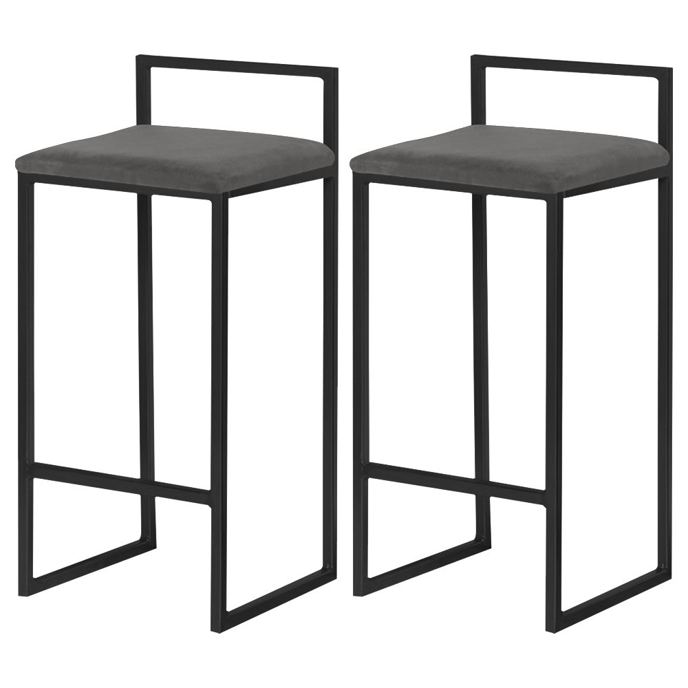 Kit 2 Banqueta Decorativa Selena Base Preta Suede Cinza G41 - Gran Belo