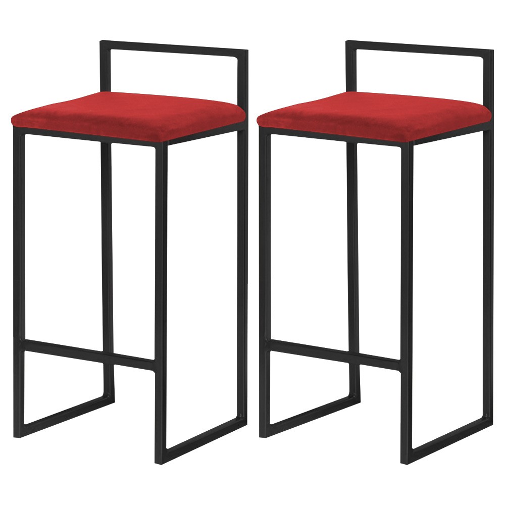 Kit 2 Banqueta Decorativa Selena Base Preta Suede Vermelho - Gran Belo