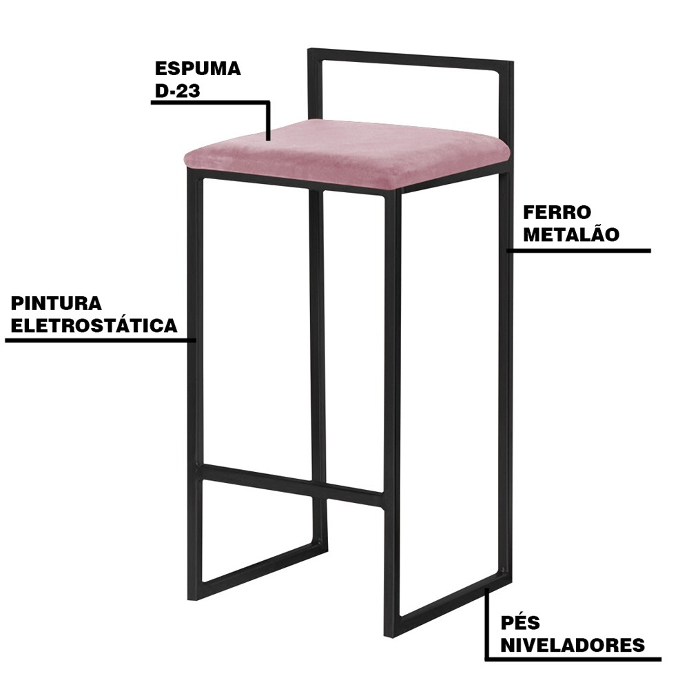 Kit 2 Banqueta Decorativa Selena Base Preta Veludo Rosê G41 - Gran Belo