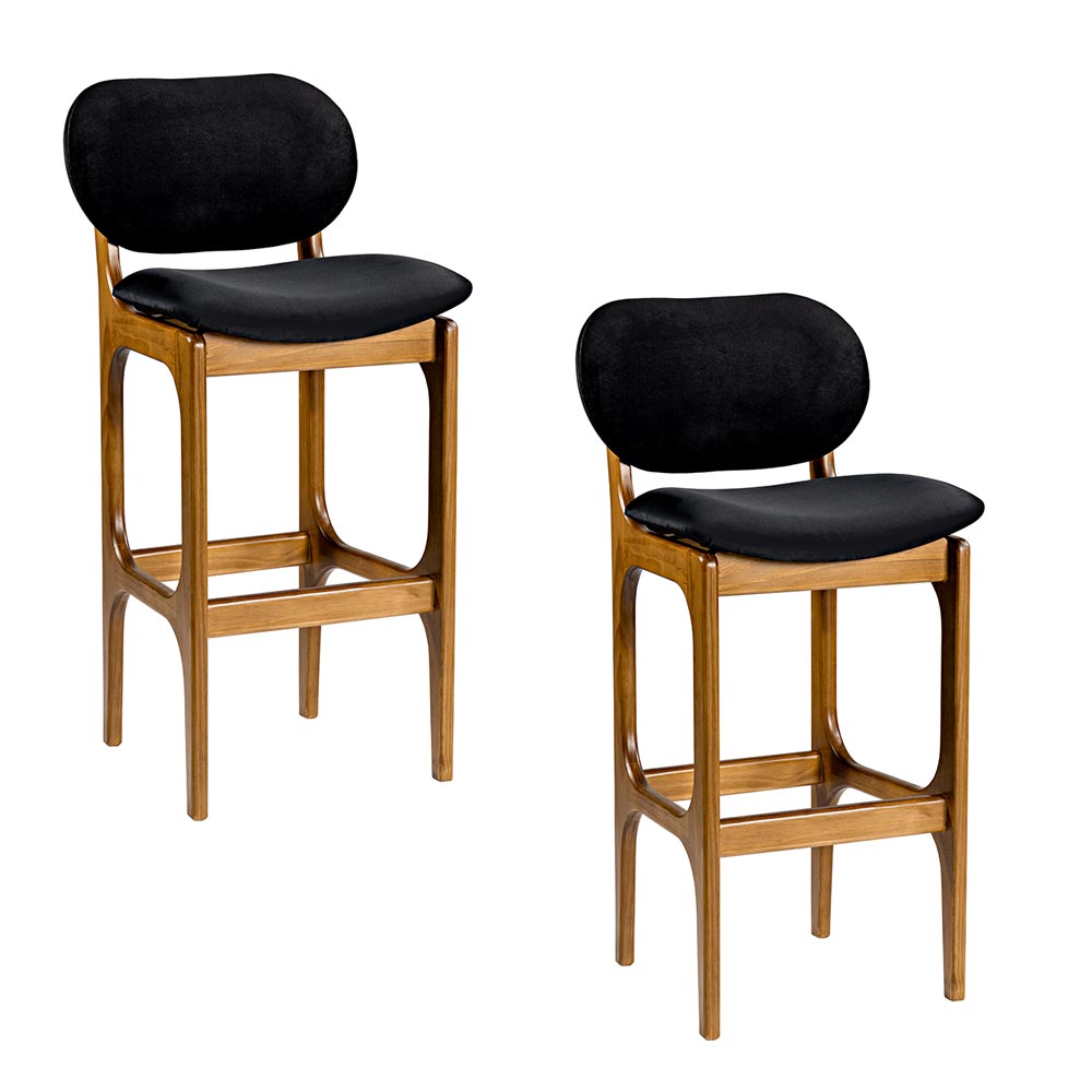 Kit 2 Banquetas Alta Madeira Maciça Soshoku Veludo Preto/Imbuia G42 - Gran Belo
