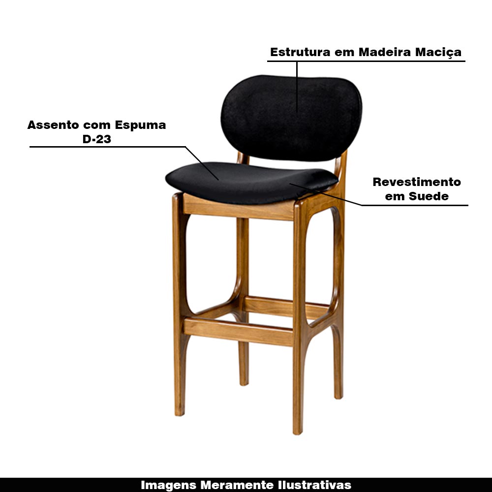 Kit 2 Banquetas Alta Madeira Maciça Soshoku Veludo Preto/Imbuia G42 - Gran Belo