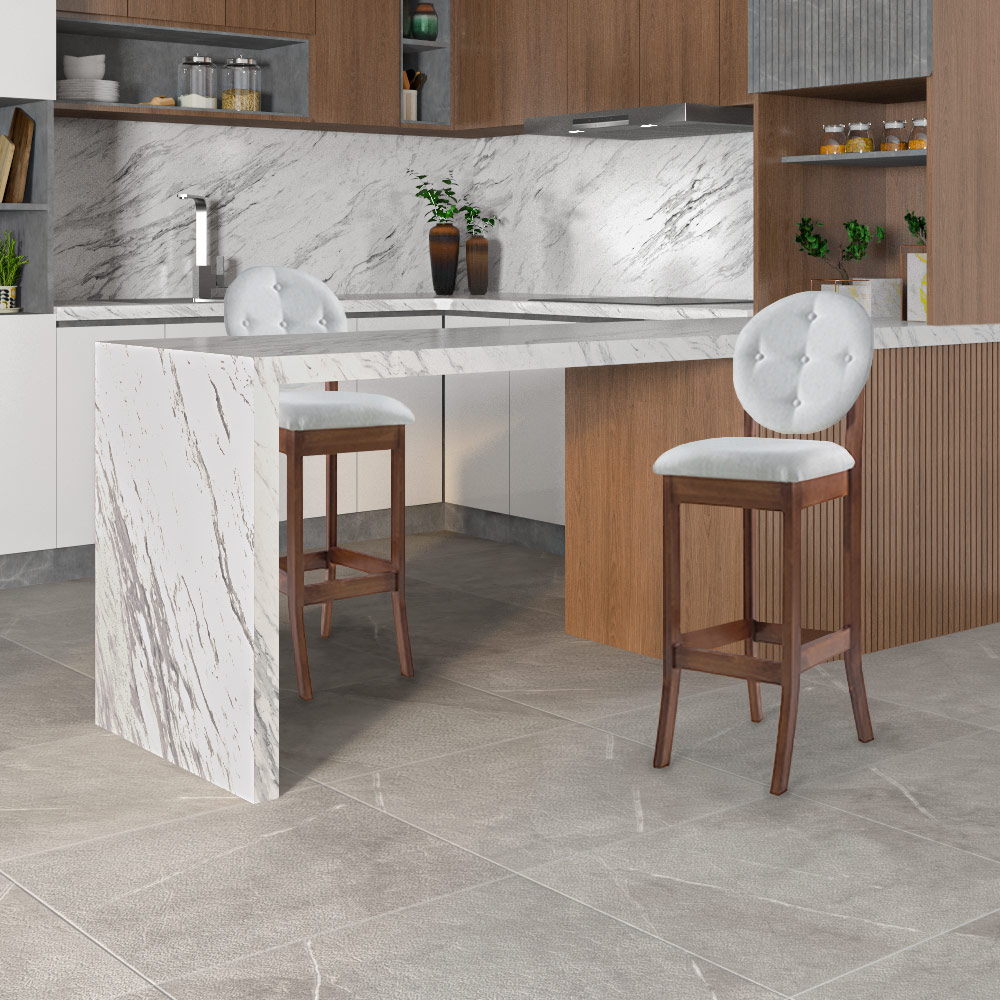 Kit 2 Banquetas Alta Madeira Maciça Teseu Linho Off White/Imbuia G42 - Gran Belo