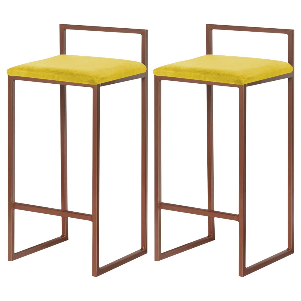 Kit 2 Banquetas Decorativa Jasmine Base Bronze Suede Amarelo G41 - Gran Belo