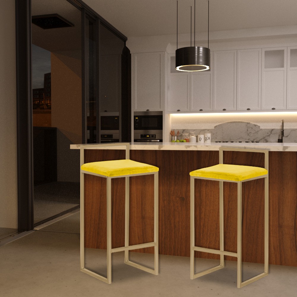 Kit 2 Banquetas Decorativa Jasmine Base Bronze Suede Amarelo G41 - Gran Belo