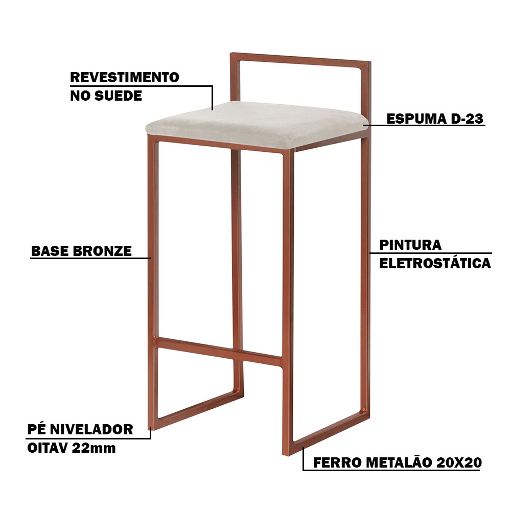 Kit 2 Banquetas Decorativa Jasmine Base Bronze Suede Bege G41 - Gran Belo
