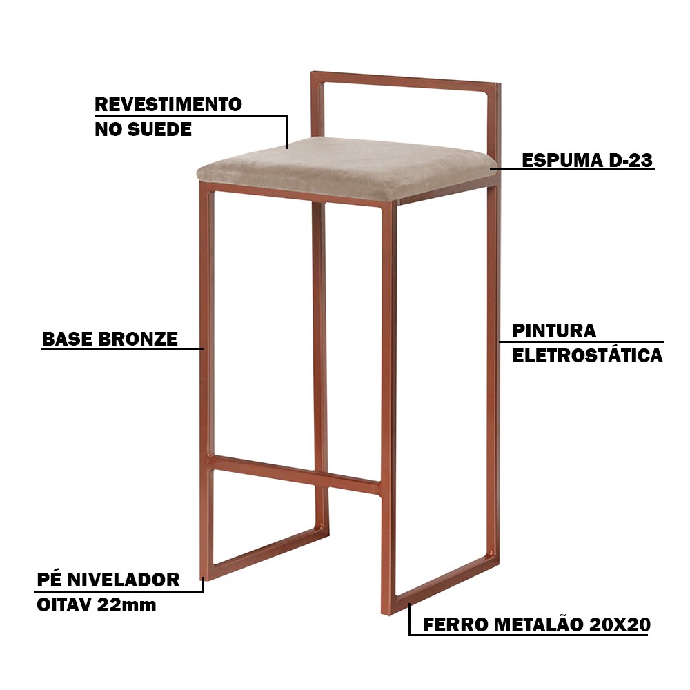 Kit 2 Banquetas Decorativa Jasmine Base Bronze Suede Cappuccino - Gran Belo