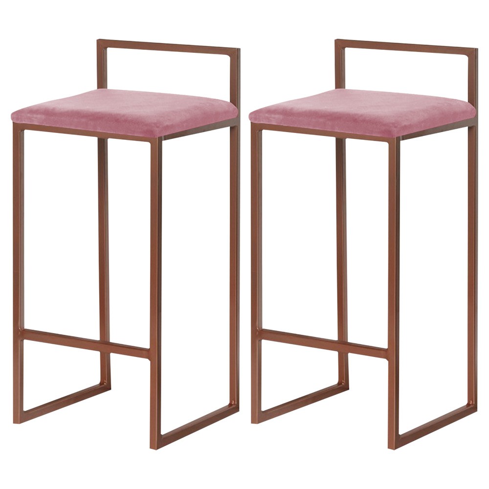 Kit 2 Banquetas Decorativa Jasmine Base Bronze Suede Rosa G41 - Gran Belo