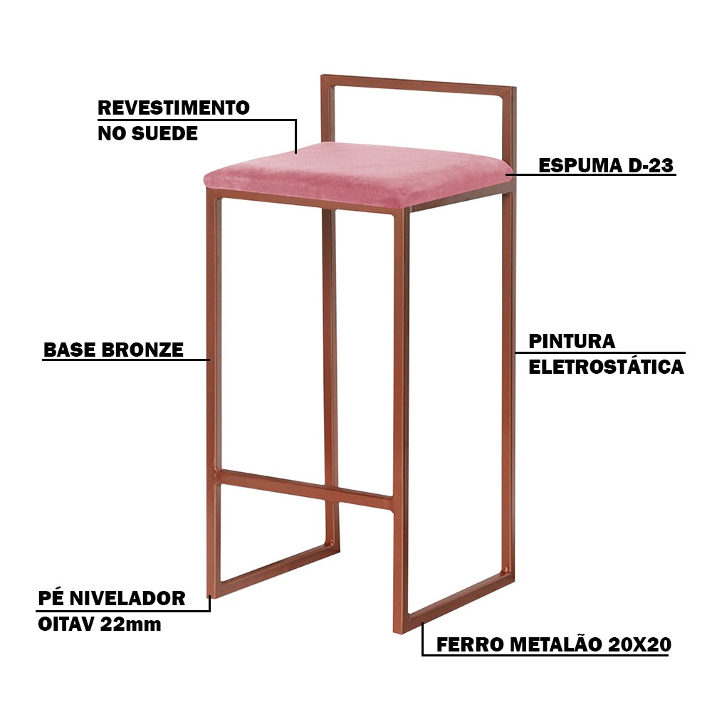 Kit 2 Banquetas Decorativa Jasmine Base Bronze Suede Rosa G41 - Gran Belo