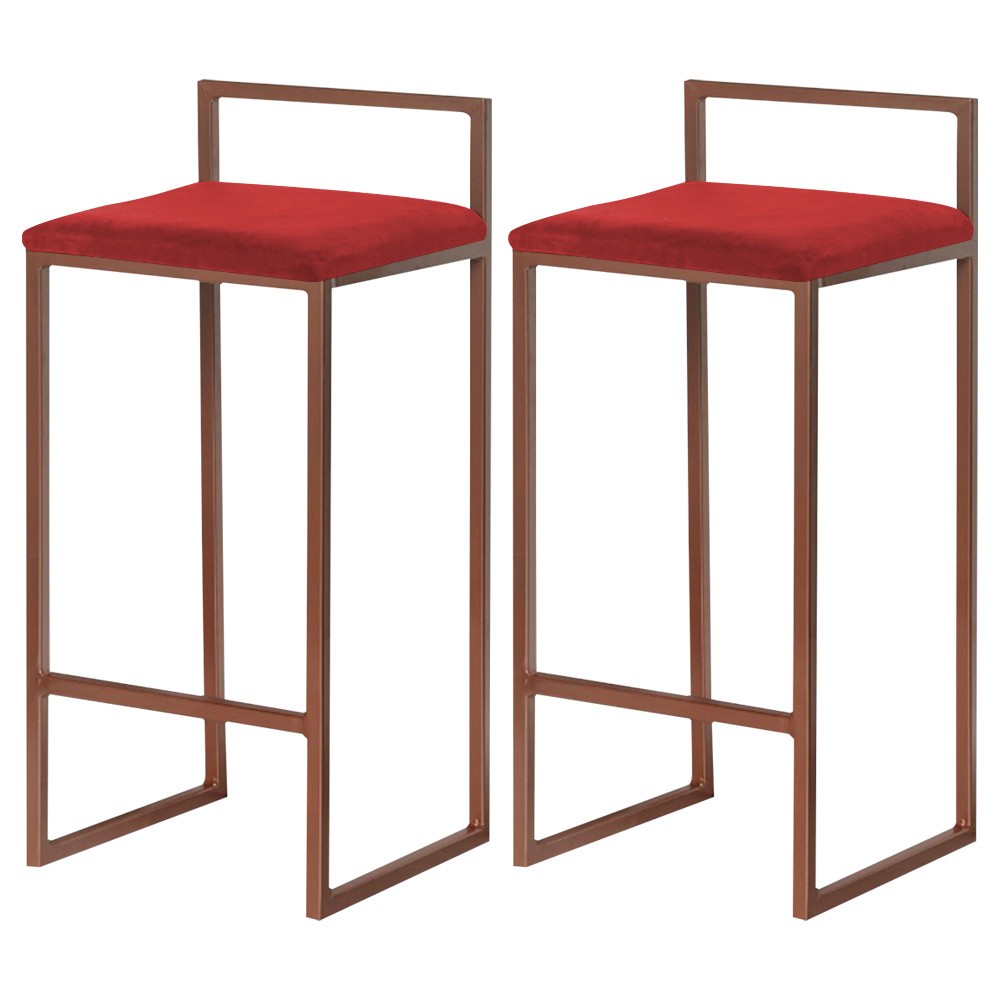 Kit 2 Banquetas Decorativa Jasmine Base Bronze Suede Vermelho G41 - Gran Belo
