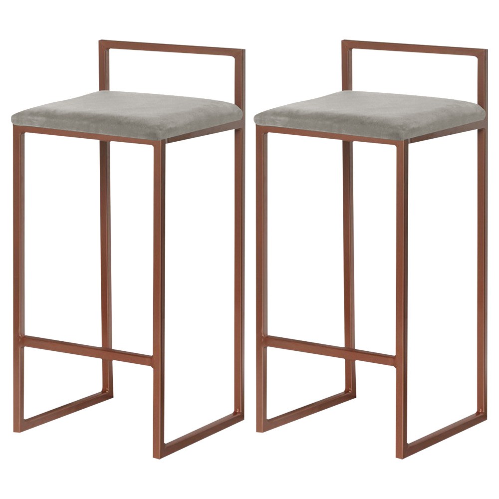 Kit 2 Banquetas Decorativa Jasmine Base Bronze Veludo Cinza - Gran Belo