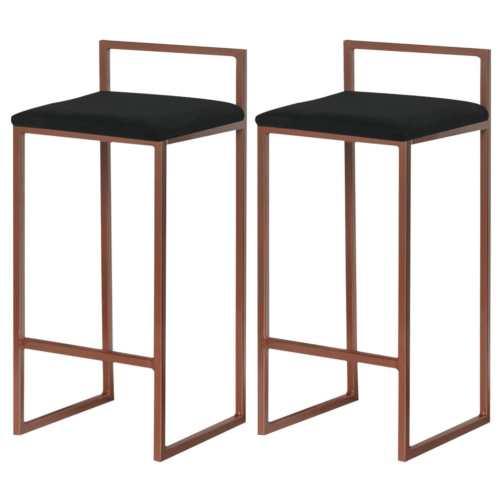 Kit 2 Banquetas Decorativa Jasmine Base Bronze Veludo Preto G41 - Gran Belo