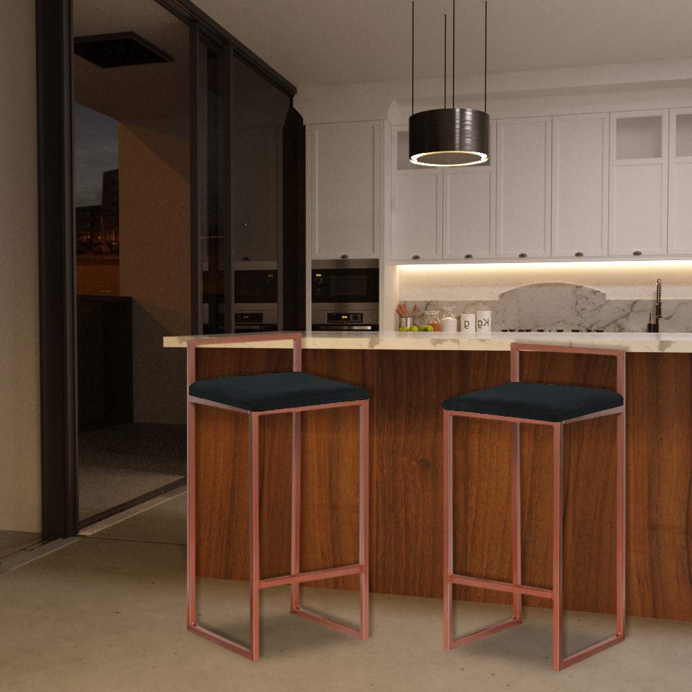 Kit 2 Banquetas Decorativa Jasmine Base Bronze Veludo Preto G41 - Gran Belo