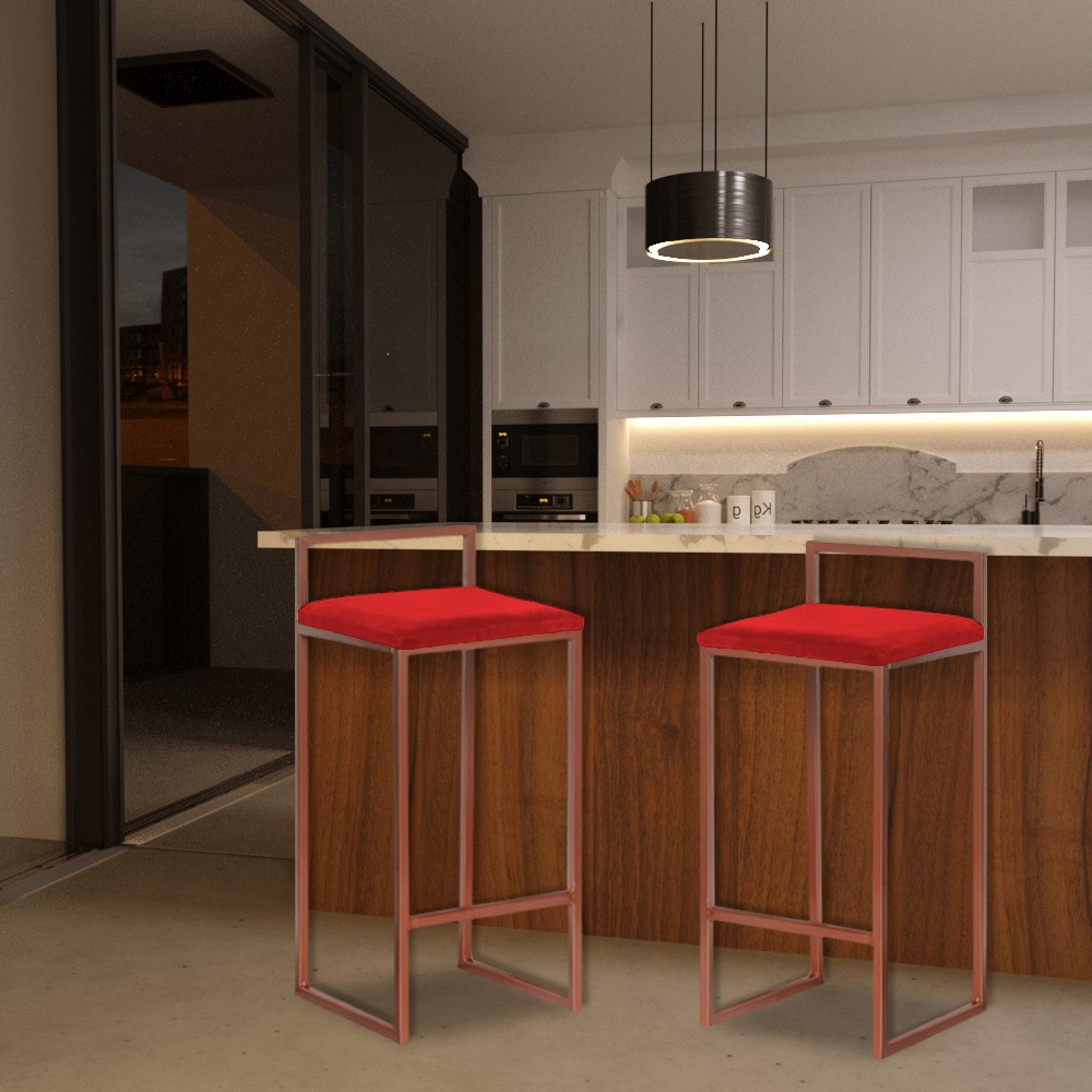 Kit 2 Banquetas Decorativa Jasmine Base Bronze Veludo Vermelho - Gran Belo