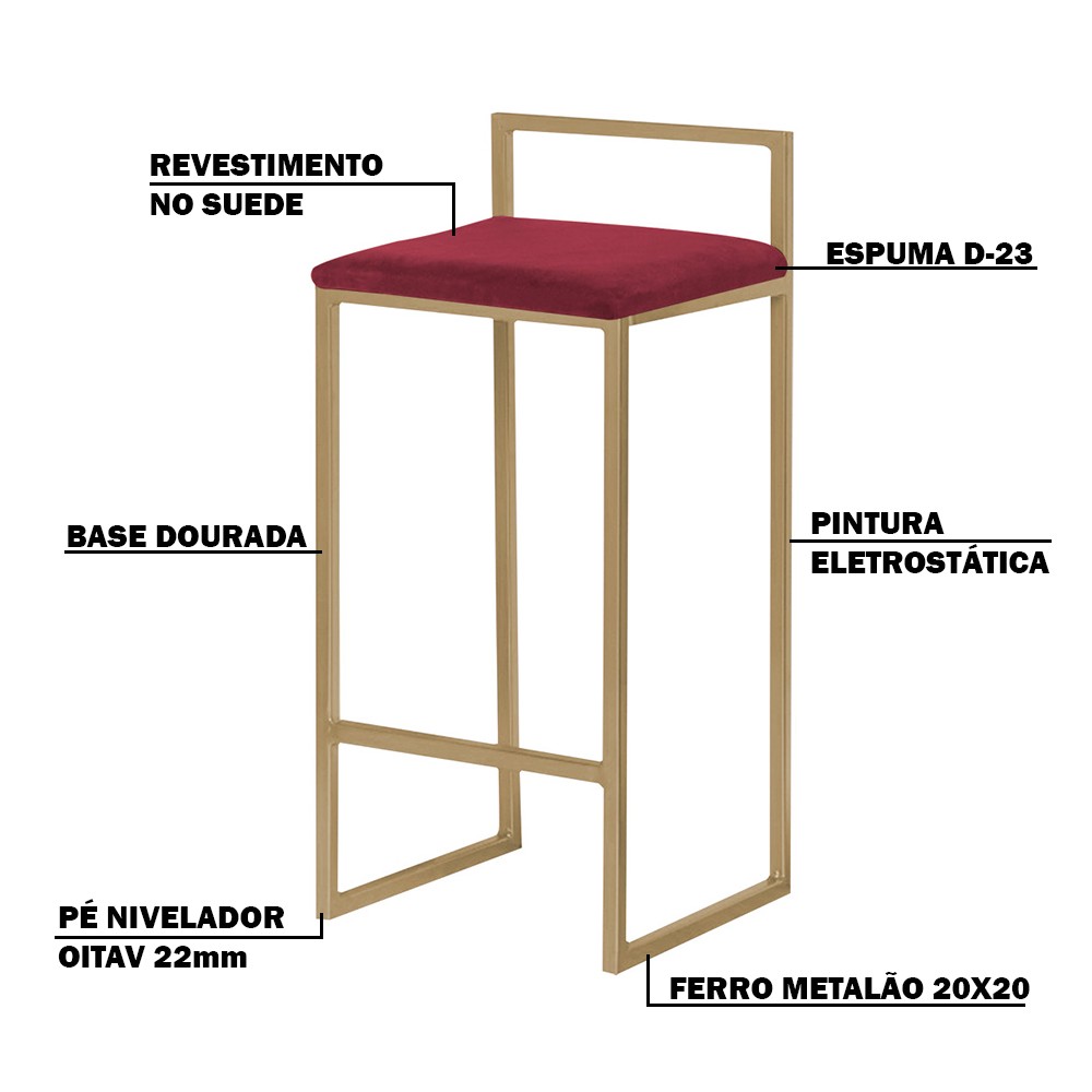 Kit 2 Banquetas Decorativa Jasmine Base Gold Suede Bordô G41 - Gran Belo