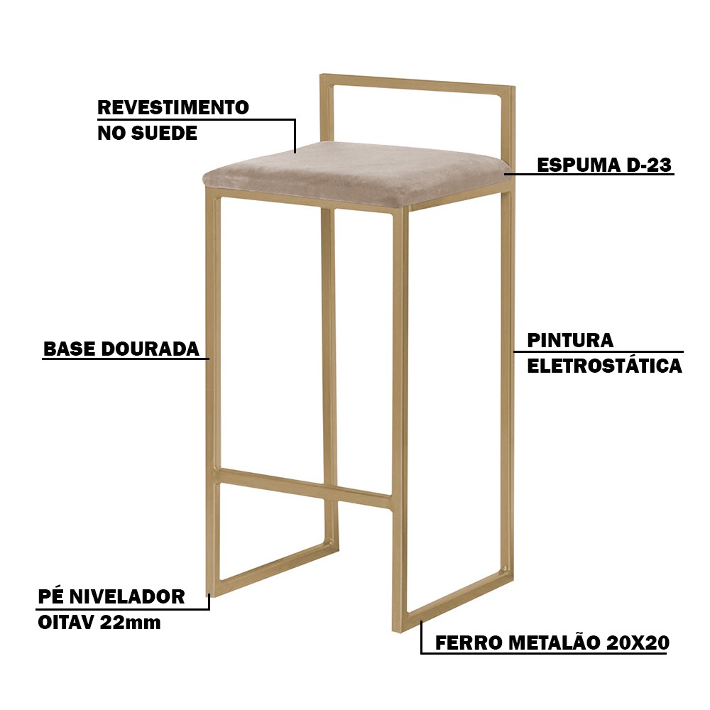 Kit 2 Banquetas Decorativa Jasmine Base Gold Suede Cappuccino G41 - Gran Belo