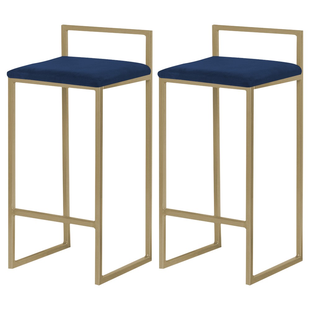 Kit 2 Banquetas Decorativa Jasmine Base Gold Veludo Azul G41 - Gran Belo