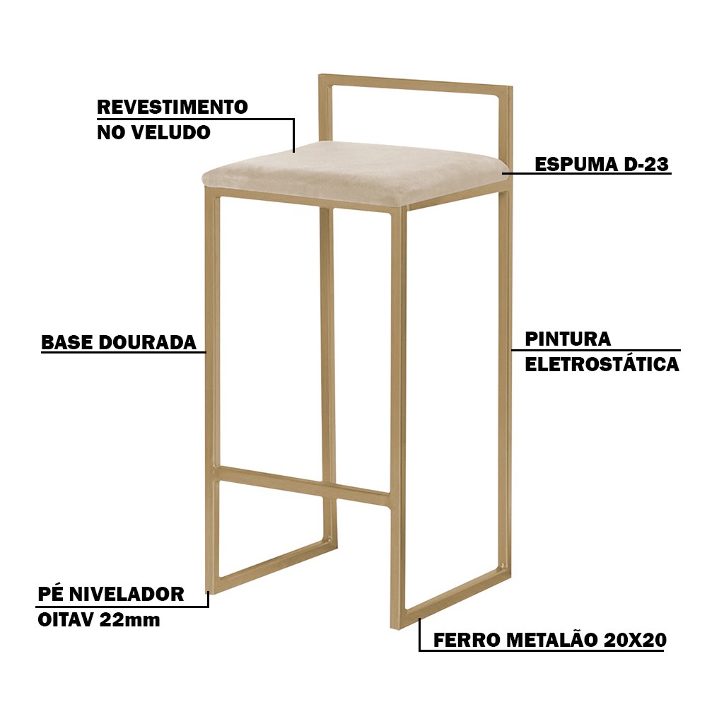 Kit 2 Banquetas Decorativa Jasmine Base Gold Veludo Bege G41 - Gran Belo