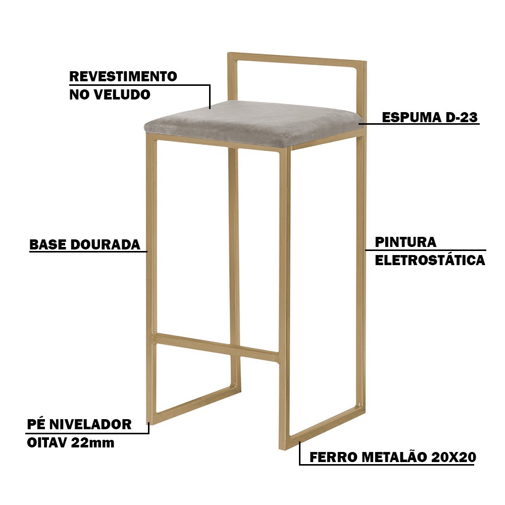 Kit 2 Banquetas Decorativa Jasmine Base Gold Veludo Cinza G41 - Gran Belo