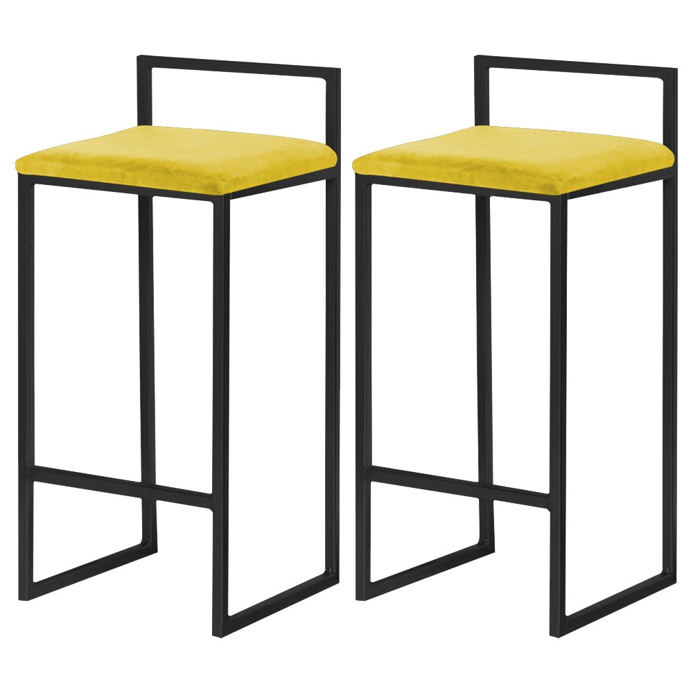 Kit 2 Banquetas Decorativa Jasmine Base Preto Suede Amarelo G41 - Gran Belo