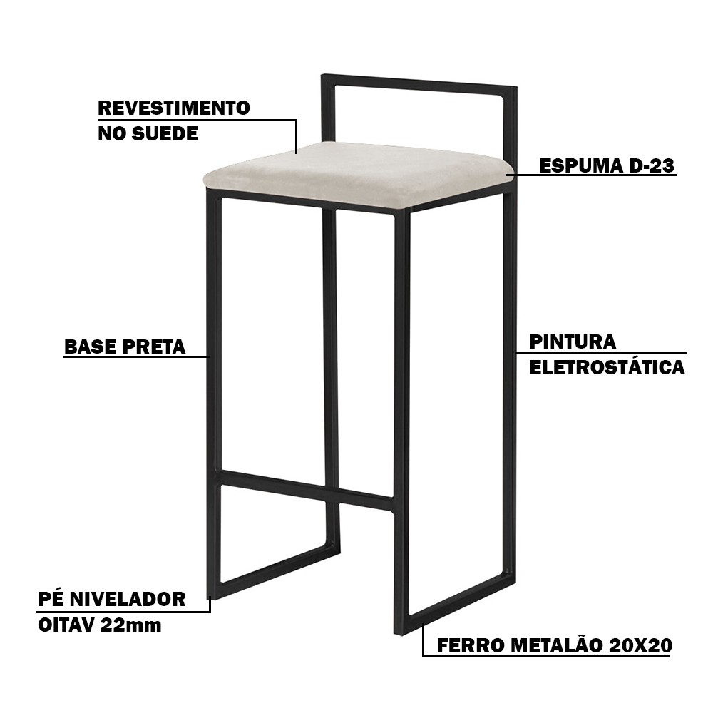 Kit 2 Banquetas Decorativa Jasmine Base Preto Suede Bege G41 - Gran Belo