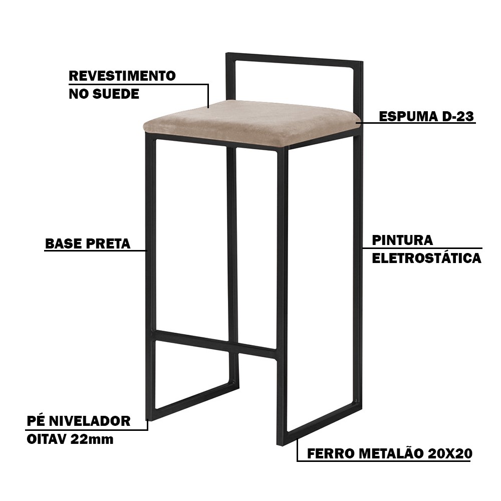 Kit 2 Banquetas Decorativa Jasmine Base Preto Suede Cappuccino G41 - Gran Belo