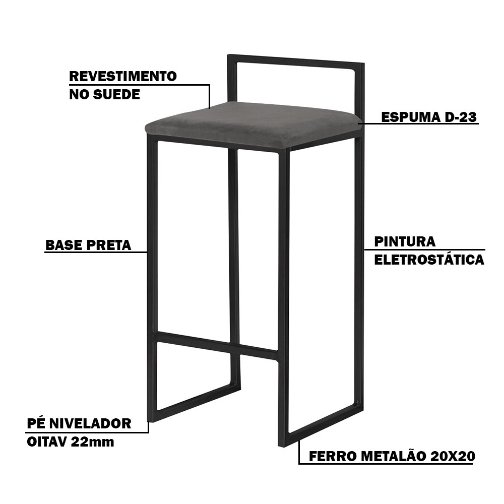 Kit 2 Banquetas Decorativa Jasmine Base Preto Suede Cinza G41 - Gran Belo