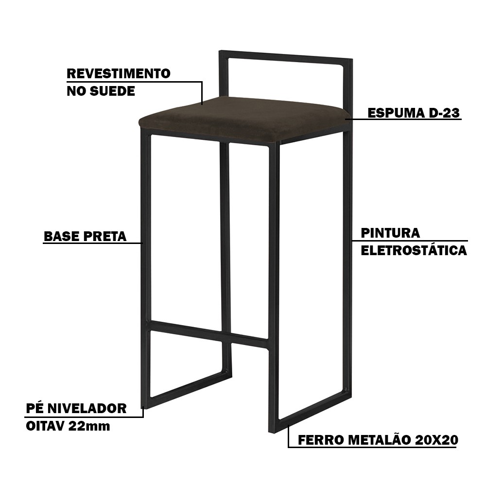 Kit 2 Banquetas Decorativa Jasmine Base Preto Suede Marrom G41 - Gran Belo