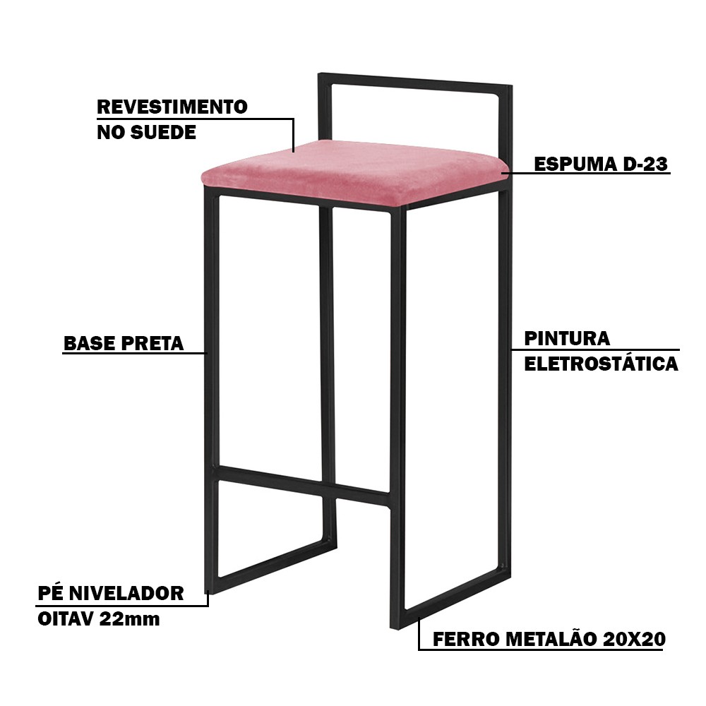 Kit 2 Banquetas Decorativa Jasmine Base Preto Suede Rosa G41 - Gran Belo