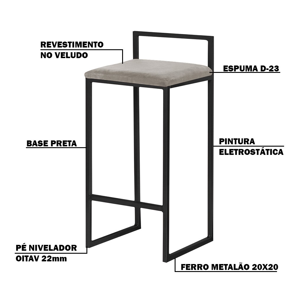 Kit 2 Banquetas Decorativa Jasmine Base Preto Veludo Cinza G41 - Gran Belo